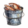 Watercolor drawing fishing bucket. Full of fish with red fins. Angling gear for logo, banner, card, leaflet, textile