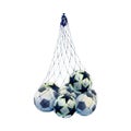 Watercolor drawing of football balls set in the net. Black and white stars and pentagons. Scillfully painted soccer Royalty Free Stock Photo