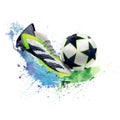 Watercolor drawing of football boot yellow black and white and soccer ball with stars. Blue water and green splash spots