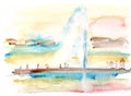 Watercolor drawing fountain on lake Geneva in early spring