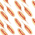 Watercolor drawing fried sausage in dough on a white background. Seamless pattern Royalty Free Stock Photo