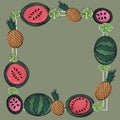 Watercolor drawing of fruits. Vector isolated image. You can change the size. Frame, pattern. Watermelons, coconuts, lemons.