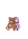 watercolor drawing of a girl and a toy big bear with a red heart  icon  for wedding  for valentine's day Royalty Free Stock Photo