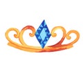 watercolor. golden crown of the monarchy, dynasty with rust spots and blue stones, curlicues. Vector