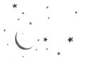 Watercolor drawing of gray stars and young moon.