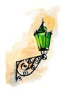 Watercolor drawing of the green lantern. Hand drawn beautiful vintage street lamp isolated over white Royalty Free Stock Photo