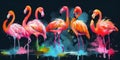 Watercolor drawing of a group of flamingos.