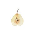 Watercolor drawing of half pear on a white background.