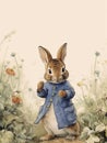 Watercolor drawing of a happy bunny in vintage clothes, cartoon rabbit Royalty Free Stock Photo