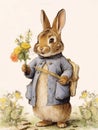 Watercolor drawing of a happy bunny in vintage clothes, cartoon rabbit Royalty Free Stock Photo