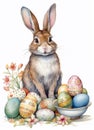 Watercolor drawing of a happy bunny in vintage clothes, cartoon rabbit Royalty Free Stock Photo