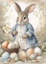 Watercolor drawing of a happy bunny in vintage clothes, cartoon rabbit Royalty Free Stock Photo