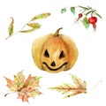 Watercolor drawing for the holiday Halloween - pumpkin with face, autumn leaves