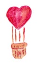 Watercolor drawing of the hot air balloon with crimson heart, isolated Royalty Free Stock Photo