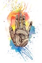 A watercolor drawing of a human hand, palms with a mehendi knot, an Indian pattern, with bright paint divorces and splashes on the