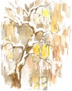 Watercolor drawing, illustration. View of the windows of the apartment house and the tree under the snow.