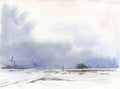 Watercolor drawing, illustration. Winter steppe landscape