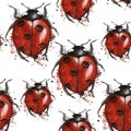 Watercolor drawing of an insect ladybird in a heluin theme with black skulls on the back with splashes on a white background, horr