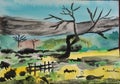 Barren tree on a farm landscape