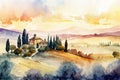 watercolor drawing of landscape with a village at tuscany