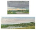 Watercolor drawing of landscapes riverside on overcast summer day