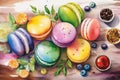 Watercolor drawing macaroon french dessert, abstract sweet background. Generative AI