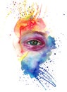 Watercolor drawing of a man`s head is dirty in paint, multi-colored face, portrait, opened eye, glare on iris of the eye, on holid