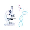 Watercolor drawing - microscope, DNA, molecules, research on viruses