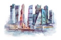 Watercolor drawing of Moscow city. International Business Center aquarelle painting Royalty Free Stock Photo