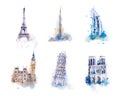 Watercolor drawing most famous buildings, architecture, sights of different countries. Westminster Palace, Big Ben
