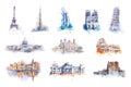 Watercolor drawing most famous buildings, architecture, sights of European and other countries