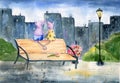 Watercolor drawing mouse on a bench in the city under a lantern