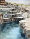 Watercolor drawing of natural waterfall, Turkish pamukkale, salt lake with minerals Royalty Free Stock Photo