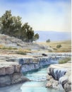 Watercolor drawing of natural waterfall, Turkish pamukkale, salt lake with minerals Royalty Free Stock Photo