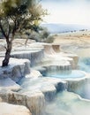 Watercolor drawing of natural waterfall, Turkish pamukkale, salt lake with minerals Royalty Free Stock Photo