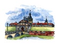 Watercolor drawing of Nesvizh Stone castle, 16th century great Belarus landmark