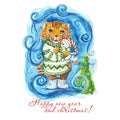 Watercolor drawing of a New Year`s Christmas tiger in a green sweater and with a toy, a snowman in hand, next to the tree with a g