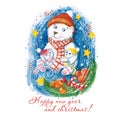 Watercolor drawing of a New Year`s polar bear with children, in warm colorful hats, with a Christmas tree, oranges and sweets, sno