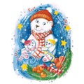 Watercolor drawing of a New Year`s polar bear with children, in warm colorful hats, with a Christmas tree, oranges and sweets, sno