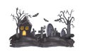 Watercolor drawing Old Cemetery. Halloween Party Illustration.