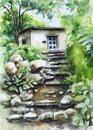 Watercolor drawing of an old stone house wth old ruined stairs.