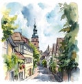 watercolor drawing of the old town, old street