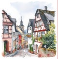 watercolor drawing of the old town, old street, old houses