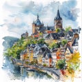 watercolor drawing of the old town, old street, old houses