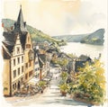 watercolor drawing of the old town, old street, old houses