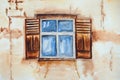 Watercolor drawing of the old window. Illustration of ancient window. Old wall