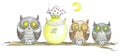 Watercolor Drawing. Owls Drinking Tea