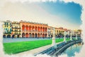 Watercolor drawing of Padua cityscape with Palazzo Loggia Amulea palace