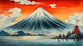 Watercolor drawing of pagoda and the sea against backdrop of mountain with a snow cap. AI generated