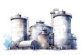 Watercolor drawing paint of industry zone, refinery power plant energy station for stored, petrochemical industrial, factory food